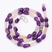 Natural Amethyst Moonstone Gemstone Beads Necklace 8-15 mm 18&quot; UB-8041 - £8.49 GBP