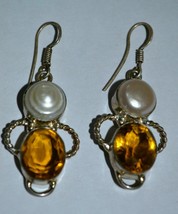 VINTAGE STERLING SILVER CITRINE PEARL EARRINGS - £23.29 GBP