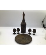 Vintage Carved Wooden Decanter Set Bottle 4 Goblets Tray Floral Etched R... - $363.72 MXN