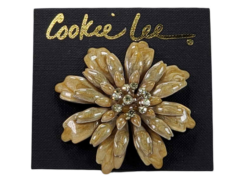 Brooch Pin Cookie Lee Flower Mum Floral Gold Enamel Swirl Rhinestones Yellow - $10.36