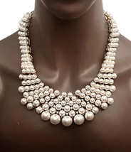 Creamy White Faux Pearl Statement Bib Necklace Earrings Set Clear Rhinestones - $52.25