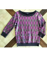 EXPRESS Sequined Pink/Gray Argyle Pattern 3/4 Sleeve Boat Neck Sweatshir... - $33.37 CAD