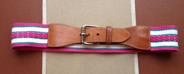 Eddie Bauer Pink Stripe Cotton Cloth &amp; Leather Womens Belt M 29 USA Made - £23.56 GBP