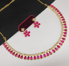 Indian Style Gold Plated Pink Bollywood Style Delicate Necklace CZ Jewelry Set - £15.17 GBP
