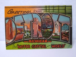 Greetings From Detroit Michigan Motor City Large Letter Postcard Linen Unused - £8.20 GBP