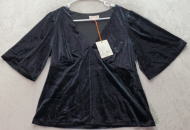 Knox Rose Blouse Top Women&#39;s Medium Black Velour Polyester Short Sleeve V Neck - £14.72 GBP