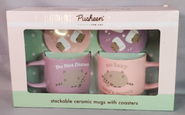 Pusheen the Cat Ceramic Stackable Mugs with Coasters Culture Fly Purple ... - $32.62
