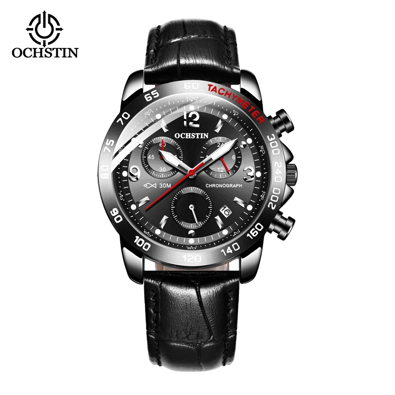 OCHSTIN Prominente  Multi-functional Leather Mens Quartz Watch Black Sil... - £30.17 GBP