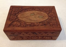 Carved Wood Flower Leaf Inlay Trinket Jewelry Box Keepsake Hinged Lid Lined - £27.97 GBP