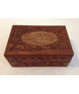 Carved Wood Flower Leaf Inlay Trinket Jewelry Box Keepsake Hinged Lid Lined - £27.52 GBP