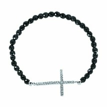 Sterling Silver Black Onyx Faceted Quartz Stretch Side Ways Cross Bracelet - £59.63 GBP