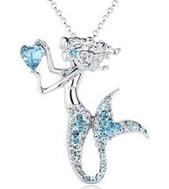 Silver Mermaid Necklace with Cubic Zirconia &amp; Aquamarine Crystals - £9.72 GBP