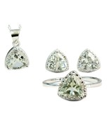 Trillion 4ctw Green Amethyst Necklace Earrings Diamond Ring Set Sterling... - $173.25
