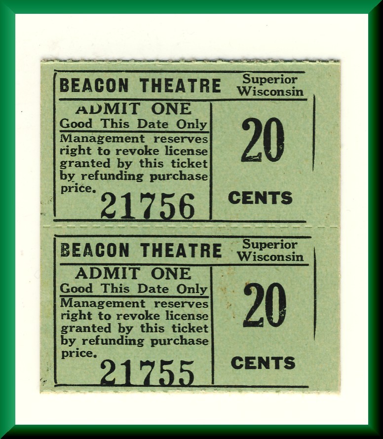 2 Vintage BeaconTheatre Tickets, Superior, Wisconsin/WI 1950&#39;s? - $2.95