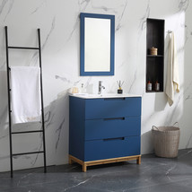 32&quot; Bathroom Vanity with Sink Navy Blue Floor Cabinet Faucet Drain Combo &amp;Mirror - £255.74 GBP+