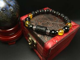 Cancer Spirit Gemstone Bracelet, Citrine, Black Obsidian, Matte Black Beads - $26.94
