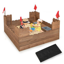 Kids Wooden Sandbox with Bottom Liner and Red Flags - Color: Natural - £144.56 GBP