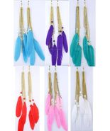 1 PAIR SPRING CLIP-ON Colored FEATHER+Bead+Rhinestone DANGLE EARRINGS Go... - $8.34 CAD