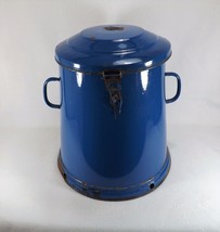 LARGE Antique Blue Graniteware Pot w/ Lid Speckled Interior 15 3/4&quot; Tall - £8.87 GBP