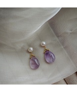 Amethyst Teardrop &amp; Freshwater Pearl Drop Earrings Gold Tone Post Minima... - $28.99