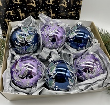 Set of blue and violet Christmas glass balls, hand painted ornaments with box - £42.03 GBP