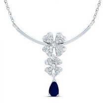 Natural Sapphire Blue Pear &amp; Diamond Flower Clover Necklace 14k White Gold 18 in - £707.28 GBP