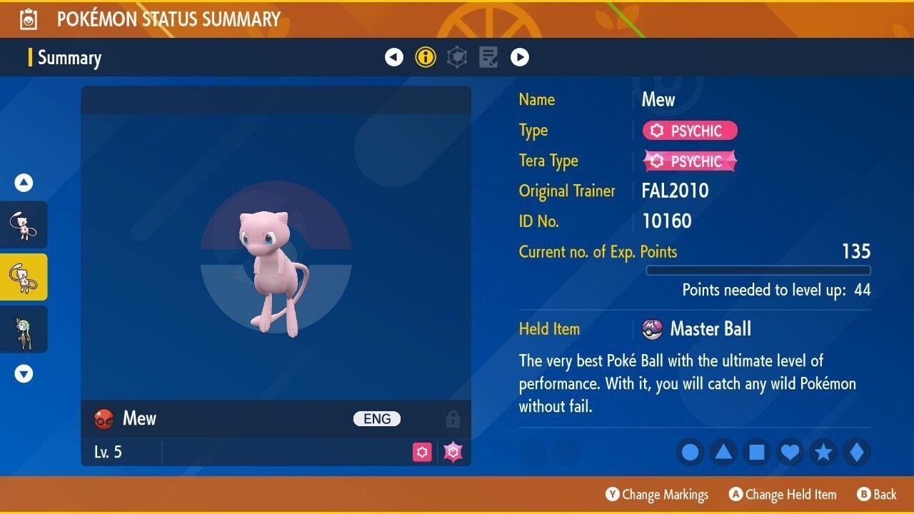 Non Shiny 6IV XXXL Timid FAL2010 Mew "Ribbon Master" Pokemon Scarlet/Violet