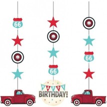 Vintage Red Truck Happy Birthday Hanging Cutout Paper Decoration 3 Pack 7&quot; x 32&quot; - £16.59 GBP