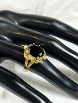 Vintage Gold Tone Onyx Women&#39;s Ring Size 5 Costume With 4 small Rhinestones - £13.95 GBP