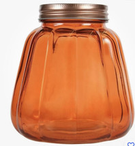Orange Pumpkin Shaped Glass Jar W/  Rose Gold Lid 5.375 x 5-in. - £13.28 GBP