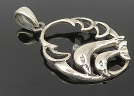 925 Sterling Silver - Vintage Double Leaping Dolphins Shiny Pendant - PT8407 - £21.76 GBP