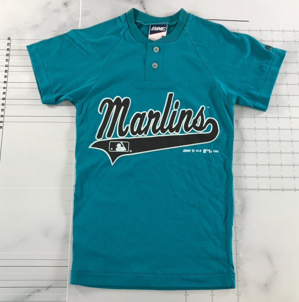 Vintage Florida Marlins T Shirt Mens Small Teal Blue Henley Collar Graph... - $44.54