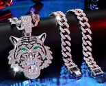 Iced CZ Bling Silver Plated Tiger Head Pendant 12mm 20&quot; Cuban Chain Neck... - £20.08 GBP