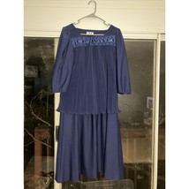 Cue Fashions Navy Blue Lace Dress 16.5, Long Sleeves, Pleated Scalloped Hem - $17.82