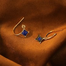 Unique Rhombus Lapis Lazuli Drop 18k Gold Plated Dangling Stud Earrings - £36.73 GBP