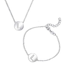 Sterling Silver Cut-Out Shiny &#39;L&#39; Disc Initial Bracelet &amp; Necklace Set - £44.58 GBP