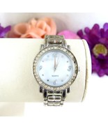 Vintage WRISTWATCH Mother of Pearl Dial Rhinestone Frame Silvertone Link... - $12.86