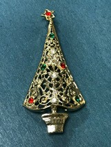 Vintage Tall Lacey Light Goldtone w Red Green &amp; White Rhinestones Christmas Tree - £15.23 GBP