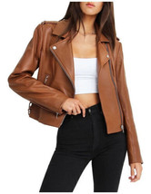 Real Soft Lambskin Handmade Stylish Casual Biker Women&#39;s Leather BROWN J... - $132.63 CAD