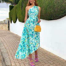 Summer Floral Print One Shoulder Pleated Design Sexy Backless Long Dress - £39.92 GBP