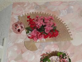 FAN WALL DECOR with RED &amp; PINK fabric/silk flowers - $3.00