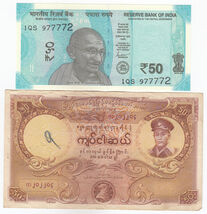 India, Birmania, 50 , Mismo Denomination 2 Diferente Países, XF UNC - $10.40