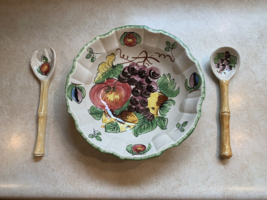 Salad Bowl Handpainted With Ceramic Serving Spoon And Fork Marked Italy - £78.68 GBP
