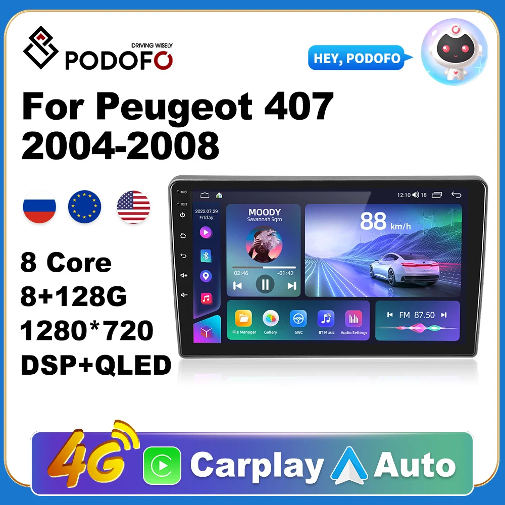 Podofo Car Android Carplay Radio Multimedia Player For Peugeot 407 2004-... - £119.80 GBP+