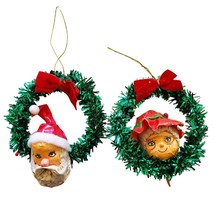 Vintage Handmade Paper Mache Santa Clause Mrs. Clause Wreath Ornaments Adorable - £26.32 GBP