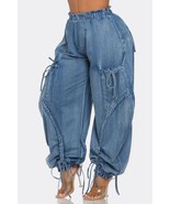 Lagenlook Artsy Plus Size Blue Ruched Jogging Denim Cargo Jeans Ties Cut... - $892.56 MXN