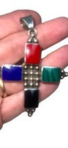 Vtg 925 Sterling Multi-Stone Cross Pendant Mexico Turquoise, Southwestern - £55.90 GBP