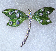 Enameled Green Wing Dragonfly with Rhinestones Accents Brooch Pin - £15.46 GBP