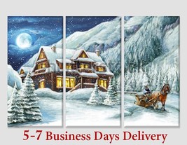 Merry Christmas Winter Illustration Canvas Print Christmas Wall Art New Year Dec - £39.28 GBP