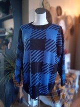 Vintage 90s Blue/Black Acrylic Crew Neck Pullover Geometric Long Sleeve Sweater - £10.19 GBP